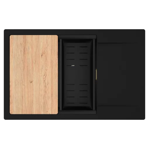 HD Onyx Black 78-XL egymedencés gránit mosogatótálca szett, csepegtetőtálcával, vágódeszkával, matt fekete csepegtetőkosárral, matt fekete színben, szálcsiszolt arany leeresztő szifonnal