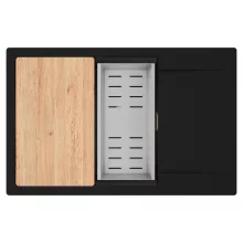 HD Onyx Black 78-XL egymedencés gránit mosogatótálca szett, csepegtetőtálcával, vágódeszkával, acél csepegtetőkosárral, matt fekete színben, szálcsiszolt arany leeresztő szifonnal