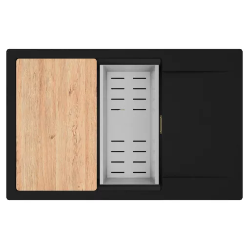 HD Onyx Black 78-XL egymedencés gránit mosogatótálca szett, csepegtetőtálcával, vágódeszkával, acél csepegtetőkosárral, matt fekete színben, szálcsiszolt arany leeresztő szifonnal