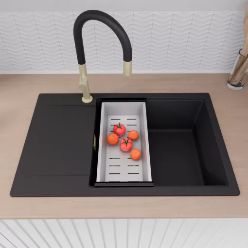 HD Onyx Black 78-XL egymedencés gránit mosogatótálca szett, csepegtetőtálcával, vágódeszkával, acél csepegtetőkosárral, matt fekete színben, szálcsiszolt arany leeresztő szifonnal