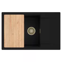 HD Onyx Black 78-XL egymedencés gránit mosogatótálca, vágódeszkával, matt fekete színben, szálcsiszolt arany leeresztő szifonnal