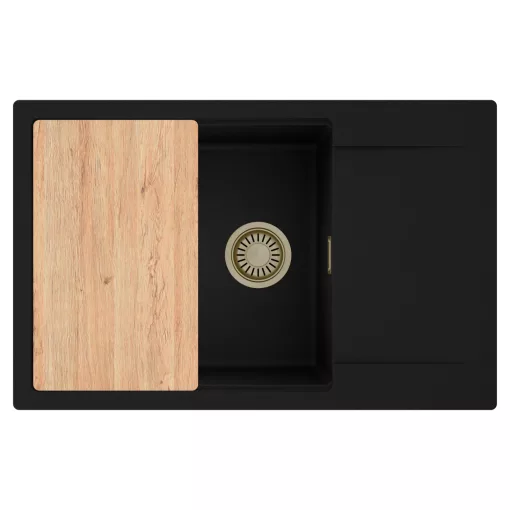 HD Onyx Black 78-XL egymedencés gránit mosogatótálca, vágódeszkával, matt fekete színben, szálcsiszolt arany leeresztő szifonnal