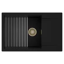 HD Onyx Black 78-XL egymedencés mosogatótálca szett, acél csepegtetőráccsal, csepegtetőtálcával, matt fekete színben, szálcsiszolt arany leeresztő szifonnal