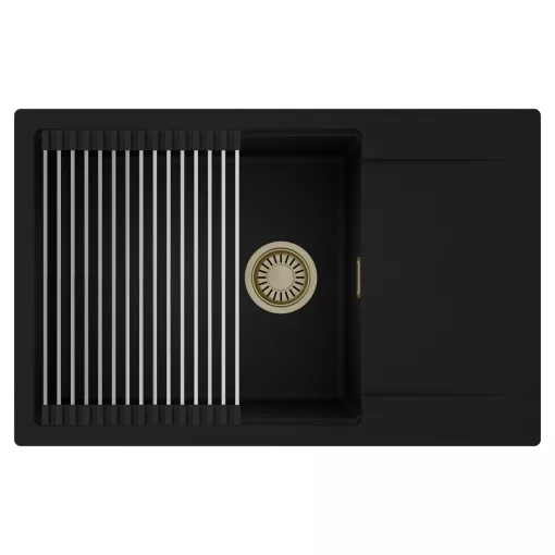 HD Onyx Black 78-XL egymedencés mosogatótálca szett, acél csepegtetőráccsal, csepegtetőtálcával, matt fekete színben, szálcsiszolt arany leeresztő szifonnal