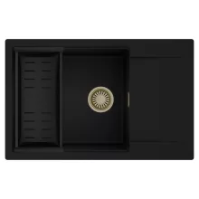 HD Onyx Black 78-XL egymedencés mosogatótálca szett, matt fekete csepegtetőkosárral, csepegtetőtálcával, matt fekete színben, szálcsiszolt arany leeresztő szifonnal