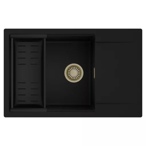 HD Onyx Black 78-XL egymedencés mosogatótálca szett, matt fekete csepegtetőkosárral, csepegtetőtálcával, matt fekete színben, szálcsiszolt arany leeresztő szifonnal