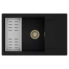 HD Onyx Black 78-XL egymedencés mosogatótálca szett, acél csepegtetőkosárral, csepegtetőtálcával, matt fekete színben, szálcsiszolt arany leeresztő szifonnal