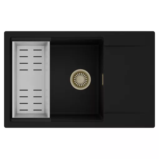 HD Onyx Black 78-XL egymedencés mosogatótálca szett, acél csepegtetőkosárral, csepegtetőtálcával, matt fekete színben, szálcsiszolt arany leeresztő szifonnal