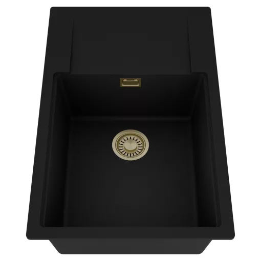 HD Onyx Black 78-XL egymedencés mosogatótálca, csepegtetőtálcával, matt fekete színben, szálcsiszolt arany leeresztő szifonnal