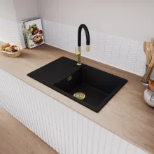 HD Onyx Black 78-XL egymedencés mosogatótálca, csepegtetőtálcával, matt fekete színben, szálcsiszolt arany leeresztő szifonnal