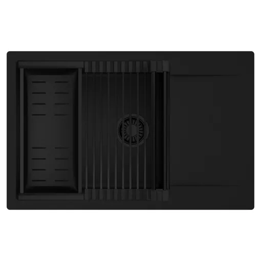 HD Onyx Black 78-XL egymedencés mosogatótálca szett, matt fekete csepegtetőráccsal és kosárral, csepegtetőtálcával, matt fekete színben, matt fekete leeresztő szifonnal