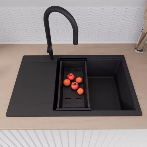 HD Onyx Black 78-XL egymedencés mosogatótálca szett, matt fekete csepegtetőráccsal és kosárral, csepegtetőtálcával, matt fekete színben, matt fekete leeresztő szifonnal