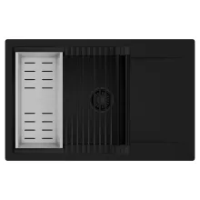 HD Onyx Black 78-XL egymedencés mosogatótálca szett, matt fekete csepegtetőráccsal és krómozott kosárral, csepegtetőtálcával, matt fekete színben, matt fekete leeresztő szifonnal