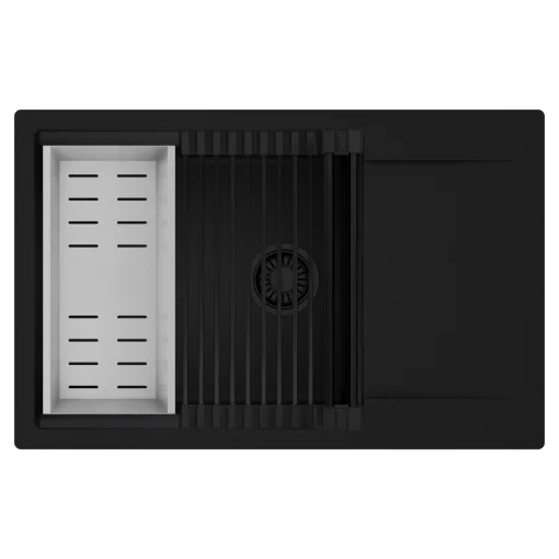 HD Onyx Black 78-XL egymedencés mosogatótálca szett, matt fekete csepegtetőráccsal és krómozott kosárral, csepegtetőtálcával, matt fekete színben, matt fekete leeresztő szifonnal