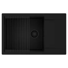 HD Onyx Black 78-XL egymedencés mosogatótálca szett, matt fekete csepegtetőráccsal, csepegtetőtálcával, matt fekete színben, matt fekete leeresztő szifonnal