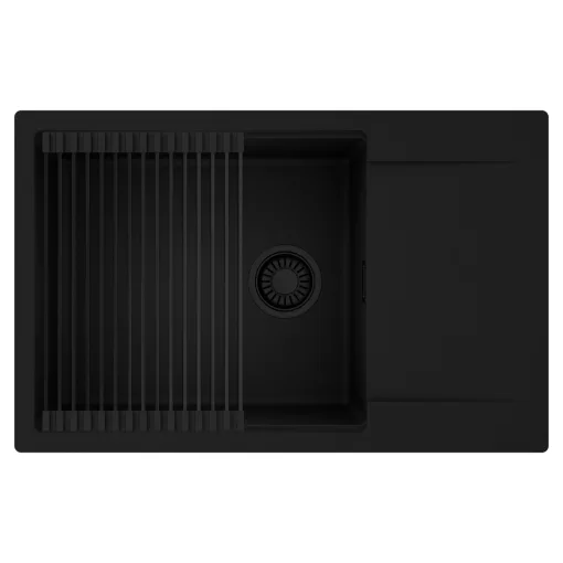 HD Onyx Black 78-XL egymedencés mosogatótálca szett, matt fekete csepegtetőráccsal, csepegtetőtálcával, matt fekete színben, matt fekete leeresztő szifonnal