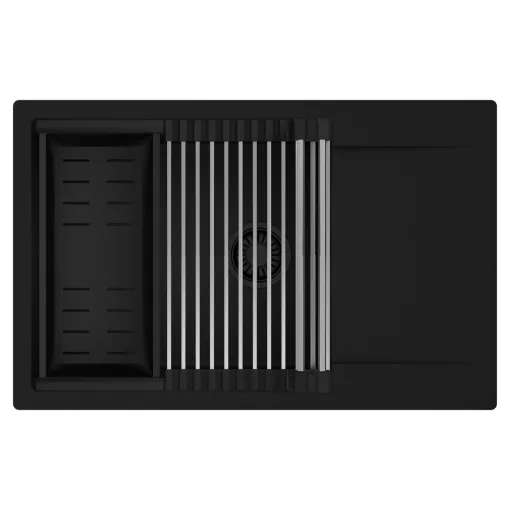 HD Onyx Black 78-XL egymedencés mosogatótálca szett, acél csepegtetőráccsal és matt fekete kosárral, csepegtetőtálcával, matt fekete színben, matt fekete leeresztő szifonnal