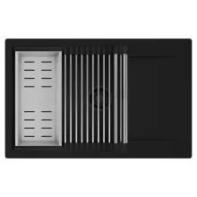 HD Onyx Black 78-XL egymedencés mosogatótálca szett, acél csepegtetőráccsal és kosárral, csepegtetőtálcával, matt fekete színben, matt fekete leeresztő szifonnal