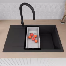 HD Onyx Black 78-XL egymedencés mosogatótálca szett, acél csepegtetőráccsal és kosárral, csepegtetőtálcával, matt fekete színben, matt fekete leeresztő szifonnal