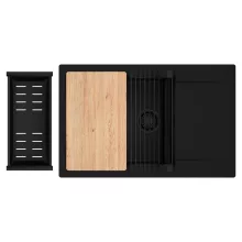 HD Onyx Black 78-XL egymedencés gránit mosogatótálca szett, csepegtetőtálcával, vágódeszkával, matt fekete csepegtetőráccsal és kosárral, matt fekete színben, matt fekete leeresztő szifonnal