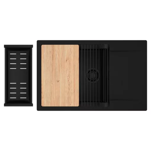 HD Onyx Black 78-XL egymedencés gránit mosogatótálca szett, csepegtetőtálcával, vágódeszkával, matt fekete csepegtetőráccsal és kosárral, matt fekete színben, matt fekete leeresztő szifonnal