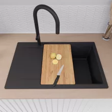 HD Onyx Black 78-XL egymedencés gránit mosogatótálca szett, csepegtetőtálcával, vágódeszkával, matt fekete csepegtetőráccsal és kosárral, matt fekete színben, matt fekete leeresztő szifonnal