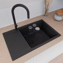 HD Onyx Black 78-XL egymedencés gránit mosogatótálca szett, csepegtetőtálcával, vágódeszkával, matt fekete csepegtetőráccsal és kosárral, matt fekete színben, matt fekete leeresztő szifonnal