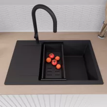 HD Onyx Black 78-XL egymedencés gránit mosogatótálca szett, csepegtetőtálcával, vágódeszkával, matt fekete csepegtetőráccsal és kosárral, matt fekete színben, matt fekete leeresztő szifonnal