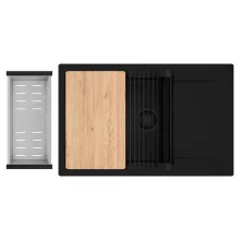 HD Onyx Black 78-XL egymedencés gránit mosogatótálca szett, csepegtetőtálcával, vágódeszkával, matt fekete csepegtetőráccsal és krómozott kosárral, matt fekete színben, matt fekete leeresztő szifonnal