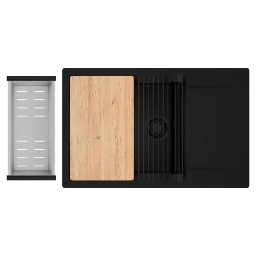 HD Onyx Black 78-XL egymedencés gránit mosogatótálca szett, csepegtetőtálcával, vágódeszkával, matt fekete csepegtetőráccsal és krómozott kosárral, matt fekete színben, matt fekete leeresztő szifonnal