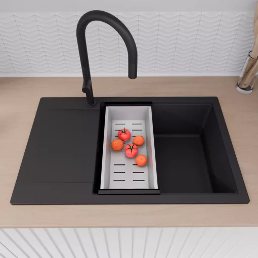 HD Onyx Black 78-XL egymedencés gránit mosogatótálca szett, csepegtetőtálcával, vágódeszkával, matt fekete csepegtetőráccsal és krómozott kosárral, matt fekete színben, matt fekete leeresztő szifonnal