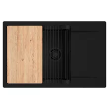 HD Onyx Black 78-XL egymedencés gránit mosogatótálca szett, csepegtetőtálcával, vágódeszkával, matt fekete csepegtetőráccsal, matt fekete színben, matt fekete leeresztő szifonnal