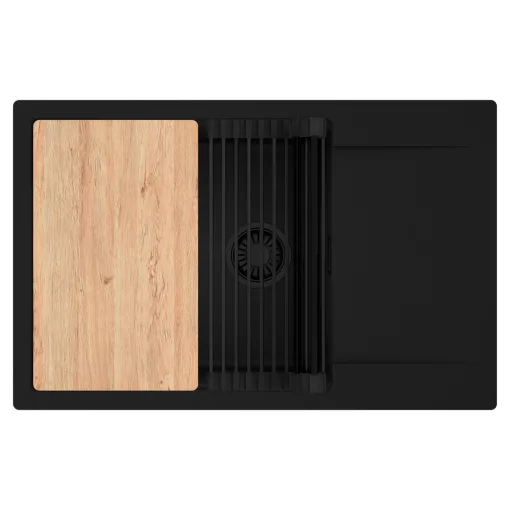 HD Onyx Black 78-XL egymedencés gránit mosogatótálca szett, csepegtetőtálcával, vágódeszkával, matt fekete csepegtetőráccsal, matt fekete színben, matt fekete leeresztő szifonnal