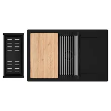 HD Onyx Black 78-XL egymedencés gránit mosogatótálca szett, csepegtetőtálcával, vágódeszkával, acél csepegtetőráccsal és matt fekete kosárral, matt fekete színben, matt fekete leeresztő szifonnal