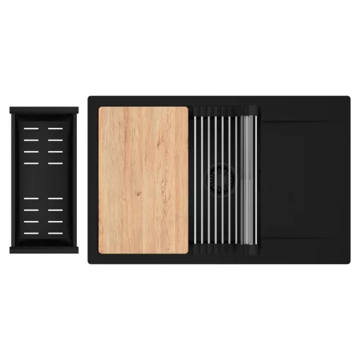 HD Onyx Black 78-XL egymedencés gránit mosogatótálca szett, csepegtetőtálcával, vágódeszkával, acél csepegtetőráccsal és matt fekete kosárral, matt fekete színben, matt fekete leeresztő szifonnal