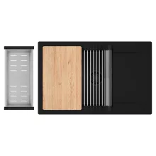 HD Onyx Black 78-XL egymedencés gránit mosogatótálca szett, csepegtetőtálcával, vágódeszkával, acél csepegtetőráccsal és kosárral, matt fekete színben, matt fekete leeresztő szifonnal