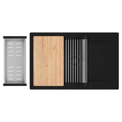 HD Onyx Black 78-XL egymedencés gránit mosogatótálca szett, csepegtetőtálcával, vágódeszkával, acél csepegtetőráccsal és kosárral, matt fekete színben, matt fekete leeresztő szifonnal