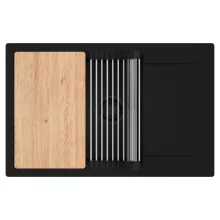 HD Onyx Black 78-XL egymedencés gránit mosogatótálca szett, csepegtetőtálcával, vágódeszkával, acél csepegtetőráccsal, matt fekete színben, matt fekete leeresztő szifonnal