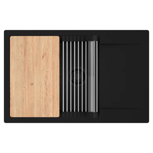 HD Onyx Black 78-XL egymedencés gránit mosogatótálca szett, csepegtetőtálcával, vágódeszkával, acél csepegtetőráccsal, matt fekete színben, matt fekete leeresztő szifonnal