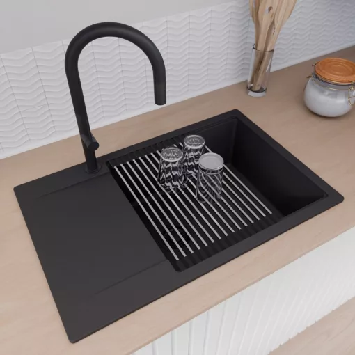 HD Onyx Black 78-XL egymedencés gránit mosogatótálca szett, csepegtetőtálcával, vágódeszkával, acél csepegtetőráccsal, matt fekete színben, matt fekete leeresztő szifonnal