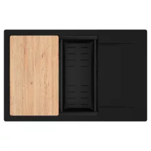 HD Onyx Black 78-XL egymedencés gránit mosogatótálca szett, csepegtetőtálcával, vágódeszkával, matt fekete csepegtetőkosárral, matt fekete színben, matt fekete leeresztő szifonnal