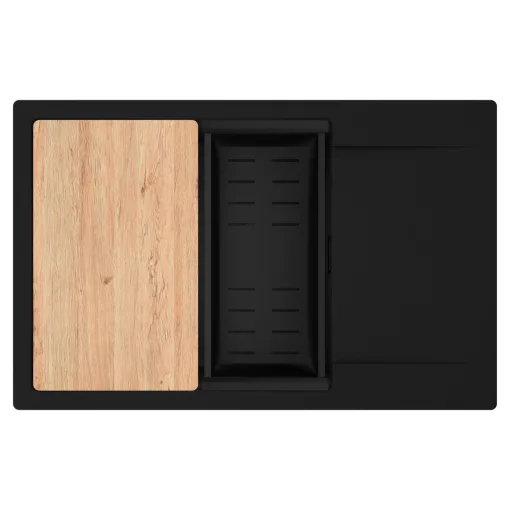 HD Onyx Black 78-XL egymedencés gránit mosogatótálca szett, csepegtetőtálcával, vágódeszkával, matt fekete csepegtetőkosárral, matt fekete színben, matt fekete leeresztő szifonnal