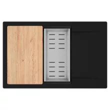 HD Onyx Black 78-XL egymedencés gránit mosogatótálca szett, csepegtetőtálcával, vágódeszkával, acél csepegtetőkosárral, matt fekete színben, matt fekete leeresztő szifonnal