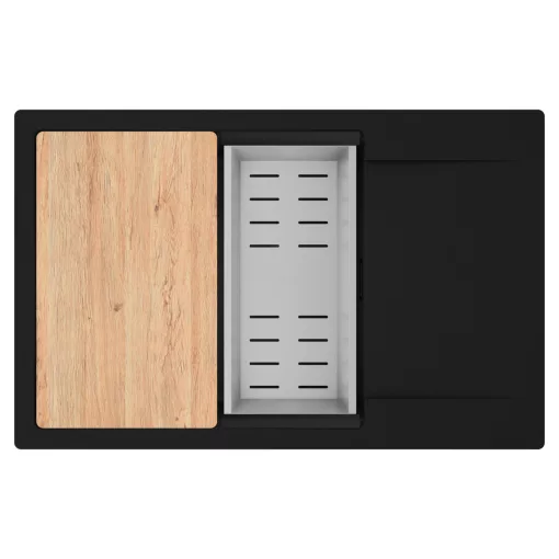 HD Onyx Black 78-XL egymedencés gránit mosogatótálca szett, csepegtetőtálcával, vágódeszkával, acél csepegtetőkosárral, matt fekete színben, matt fekete leeresztő szifonnal