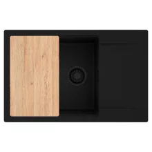 HD Onyx Black 78-XL egymedencés gránit mosogatótálca, vágódeszkával, matt fekete színben, matt fekete leeresztő szifonnal