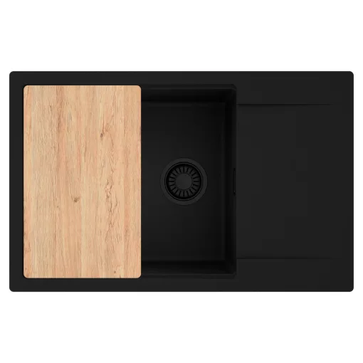 HD Onyx Black 78-XL egymedencés gránit mosogatótálca, vágódeszkával, matt fekete színben, matt fekete leeresztő szifonnal