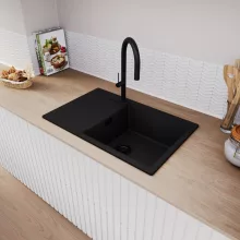 HD Onyx Black 78-XL egymedencés gránit mosogatótálca, vágódeszkával, matt fekete színben, matt fekete leeresztő szifonnal