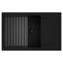 HD Onyx Black 78-XL egymedencés mosogatótálca szett, acél csepegtetőráccsal, csepegtetőtálcával, matt fekete színben, matt fekete leeresztő szifonnal