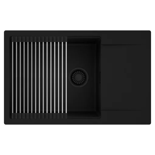 HD Onyx Black 78-XL egymedencés mosogatótálca szett, acél csepegtetőráccsal, csepegtetőtálcával, matt fekete színben, matt fekete leeresztő szifonnal