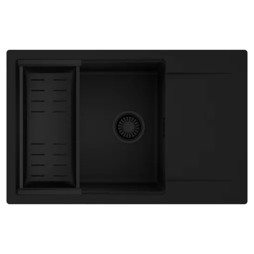 HD Onyx Black 78-XL egymedencés mosogatótálca szett, matt fekete csepegtetőkosárral, csepegtetőtálcával, matt fekete színben, matt fekete leeresztő szifonnal